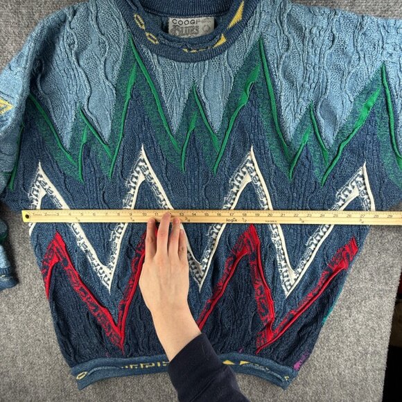 COOGI Blues Australia Sweater Heavyweight Blue Green Geometric Large Cotton REAL - Picture 7 of 16